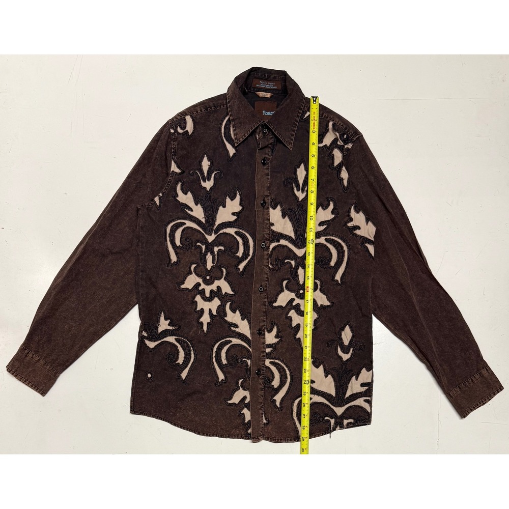 Y2K Roar Mens Brown Stitched Filigree Button Down Shirt Cotton Poplin Medium‎